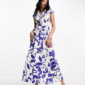 ASOS DESIGN linen cap sleeve shirt maxi dress pin tucks blue floral size 8